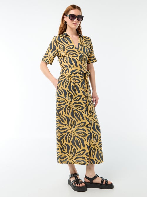 Robe chemise longue manches courtes en coton et lin - Kiabi