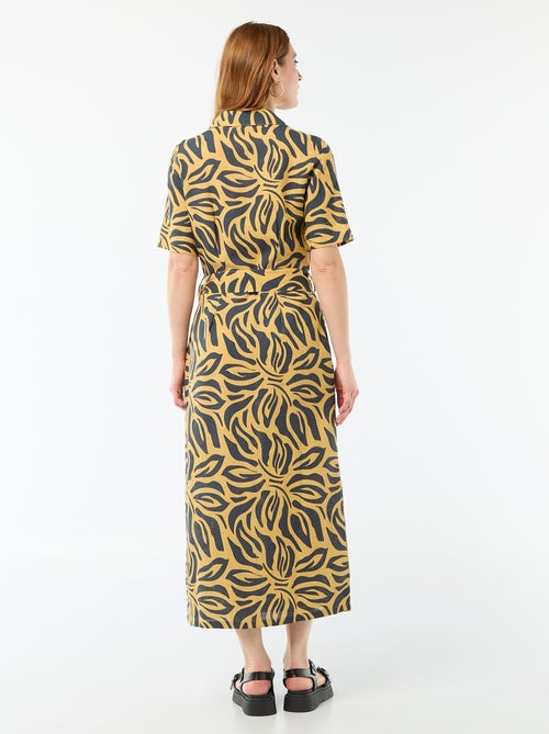 Robe chemise longue manches courtes en coton et lin - Kiabi