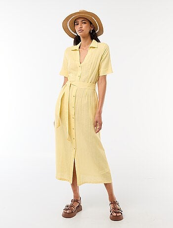 Robe chemise longue manches courtes en coton et lin