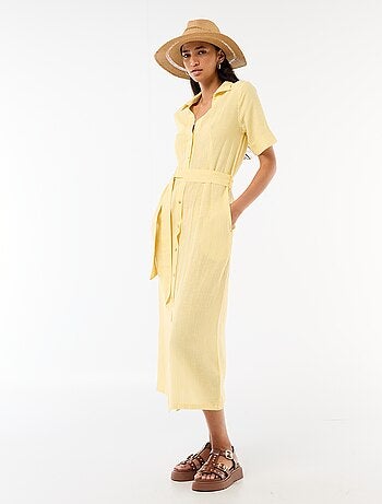 Robe chemise longue manches courtes en coton et lin