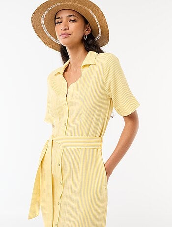 Robe chemise longue manches courtes en coton et lin