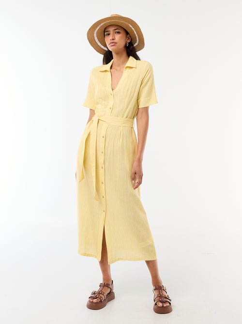 Robe chemise longue manches courtes en coton et lin - Kiabi