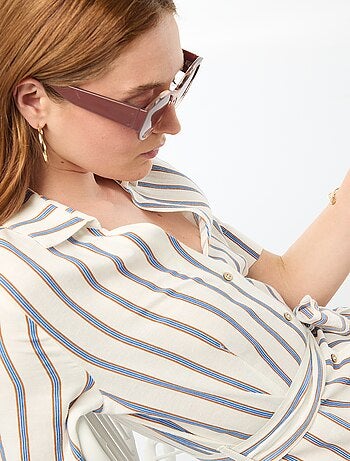 Robe chemise longue manches courtes en coton et lin