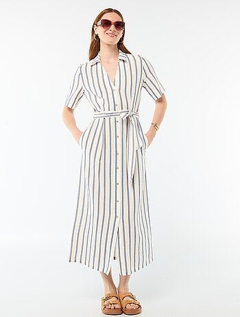 Robe chemise longue manches courtes en coton et lin