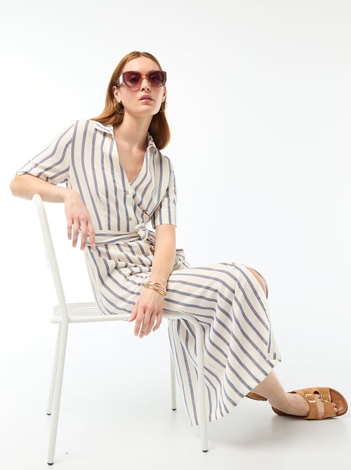 Robe chemise longue manches courtes en coton et lin - Kiabi