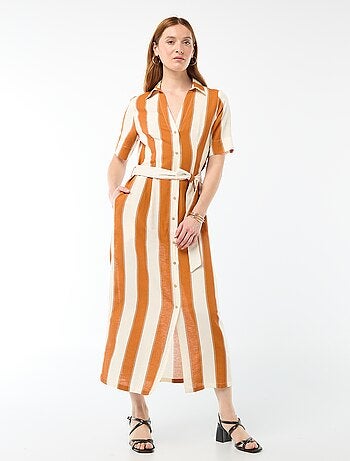 Robe chemise longue manches courtes en coton et lin