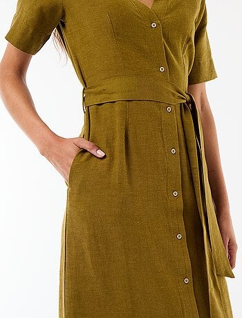Robe chemise longue manches courtes en coton et lin