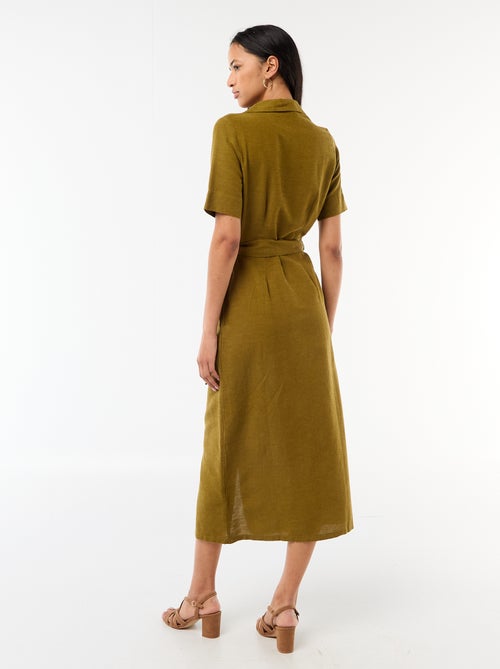 Robe chemise longue manches courtes en coton et lin - Kiabi