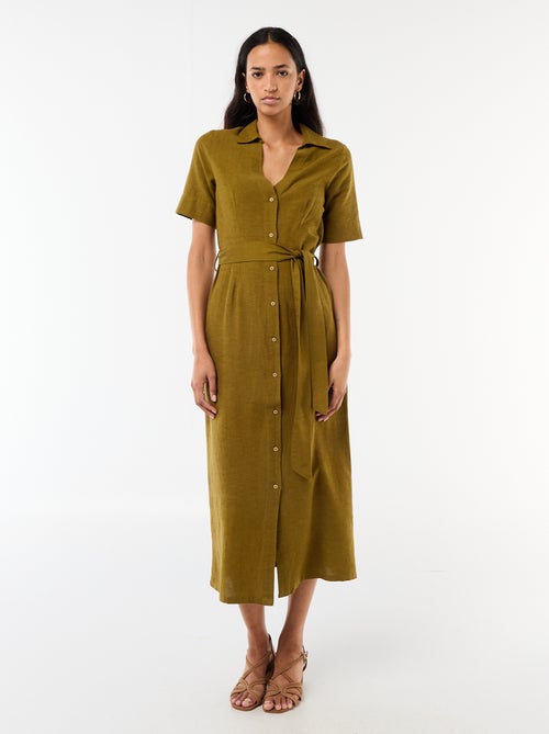 Robe chemise longue manches courtes en coton et lin - Kiabi