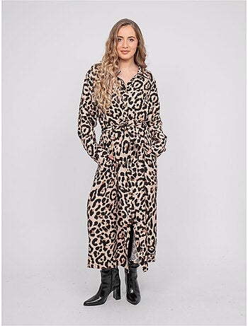 Robe chemise longue motif léopard et ceinture à nouer ivoriaz