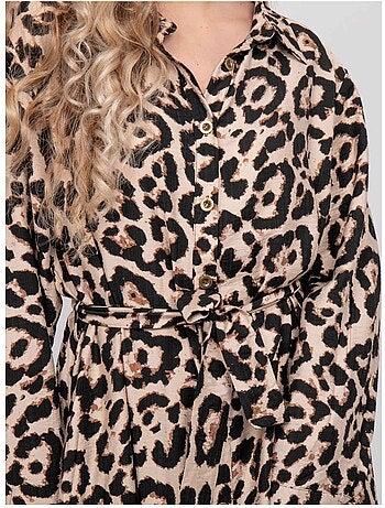 Robe chemise longue motif léopard et ceinture à nouer ivoriaz