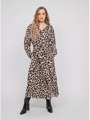 Robe chemise longue motif léopard et ceinture à nouer ivoriaz