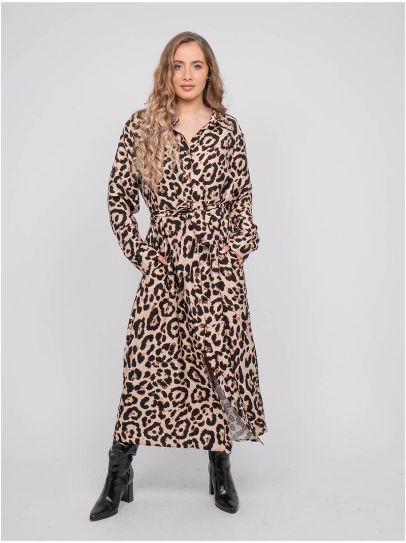 Robe chemise longue motif léopard et ceinture à nouer ivoriaz Marron - Kiabi