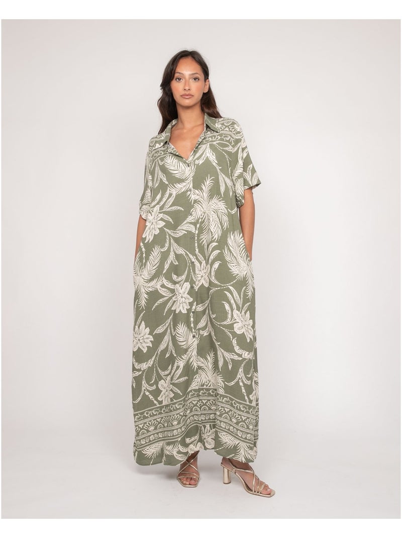 Robe chemise longue motifs iliago Kaki - Kiabi