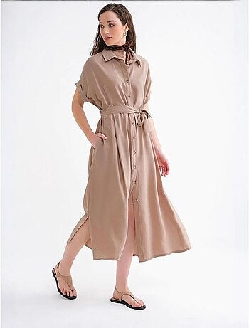 Robe chemise mi-longue à col en v et cordon de serrage mixray