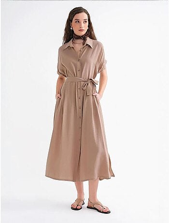 Robe chemise mi-longue à col en v et cordon de serrage mixray