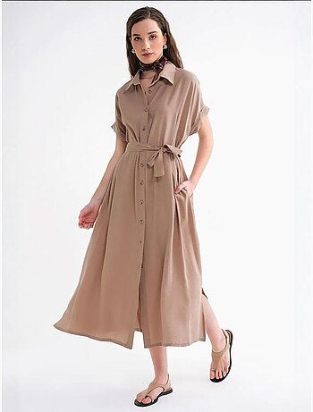 Robe chemise mi-longue à col en v et cordon de serrage mixray