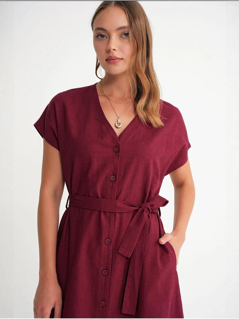 Robe chemise mi-longue avec fermeture à nouer et détails accessoires mixray Rouge bordeaux - Kiabi