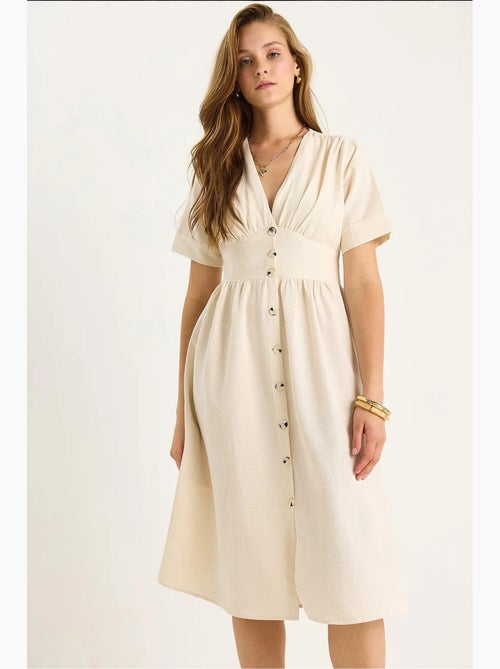 Robe chemise mi-longue boutonnée à col en v lucci - Kiabi Robe chemise mi-longue boutonnée à col en v lucci - Kiabi