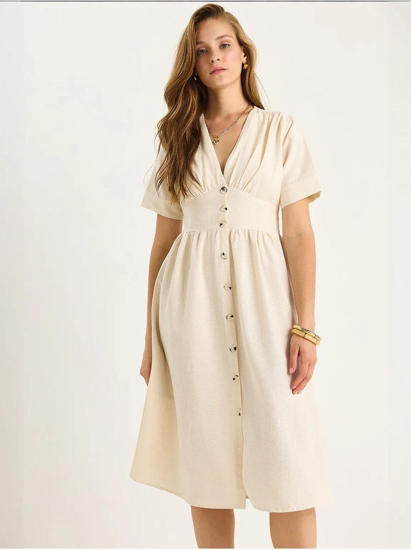 Robe chemise mi-longue boutonnée à col en v lucci Beige argile - Kiabi