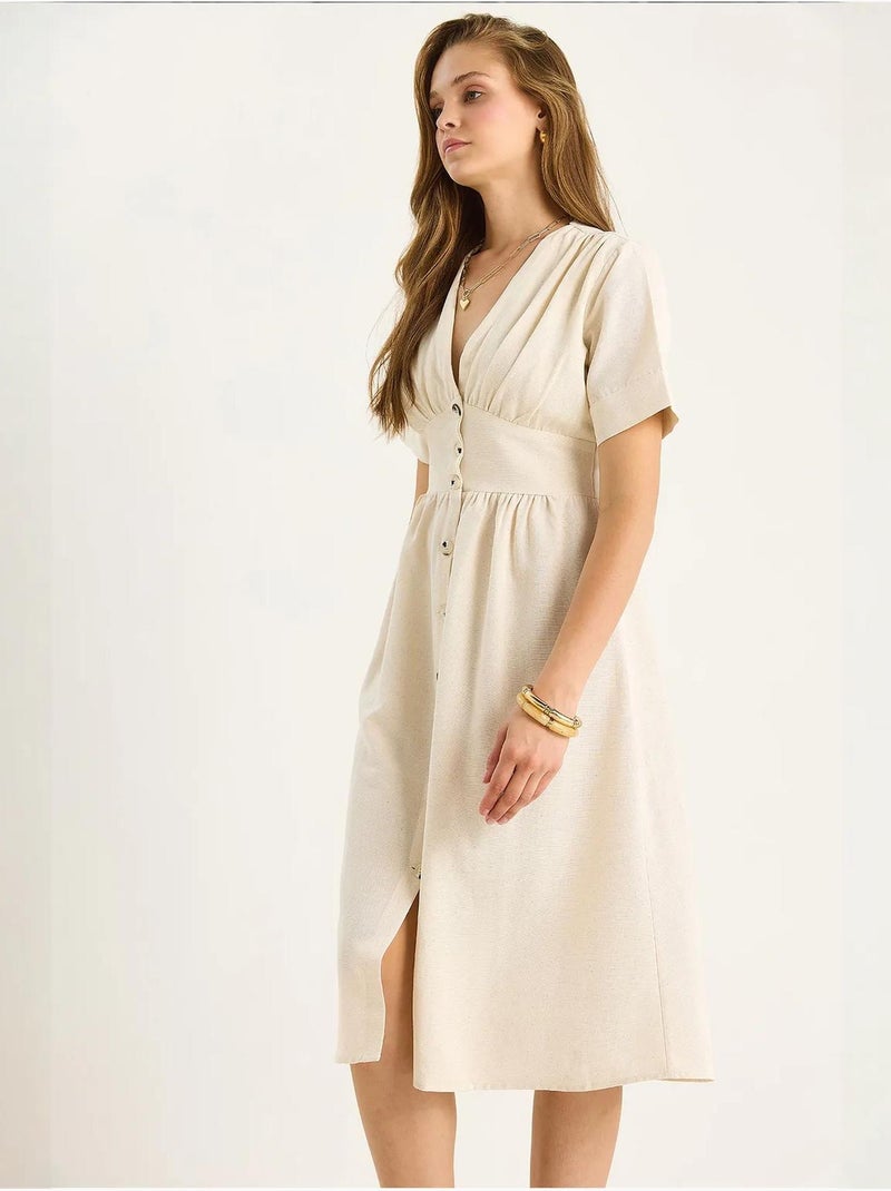Robe chemise mi-longue boutonnée à col en v lucci Beige argile - Kiabi