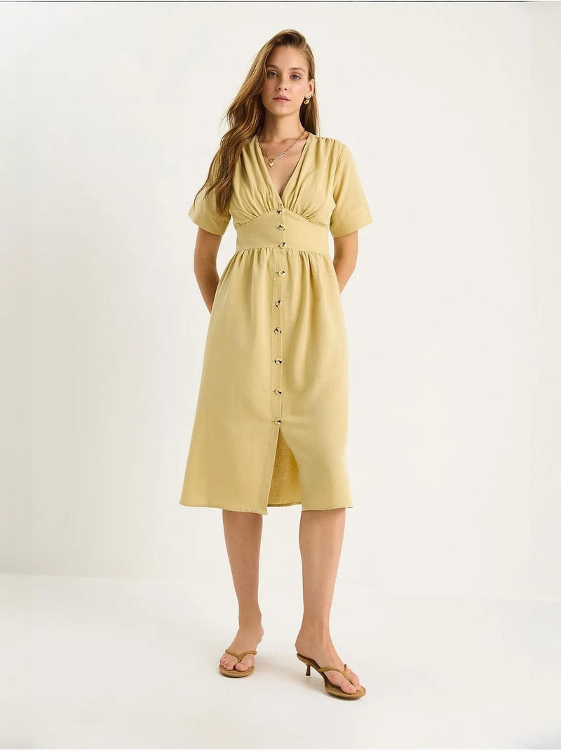 Robe chemise mi-longue boutonnée à col en v lucci Moutarde - Kiabi