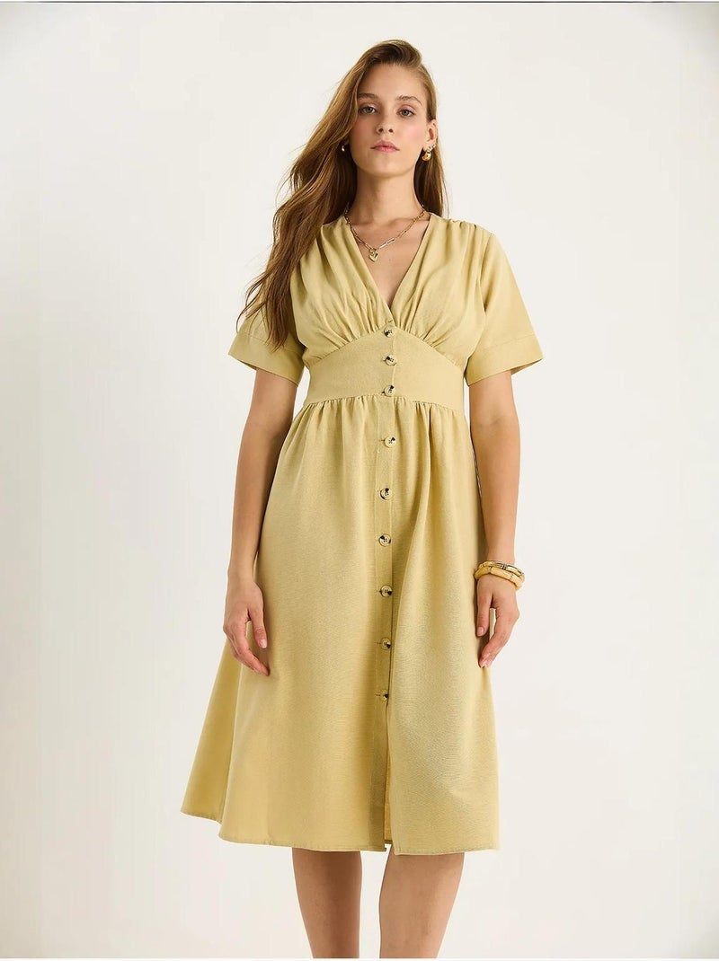 Robe chemise mi-longue boutonnée à col en v lucci Moutarde - Kiabi