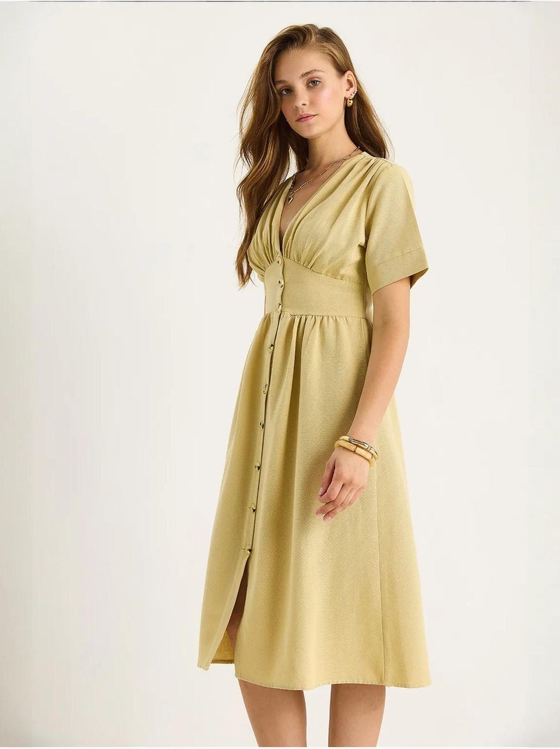 Robe chemise mi-longue boutonnée à col en v lucci Moutarde - Kiabi