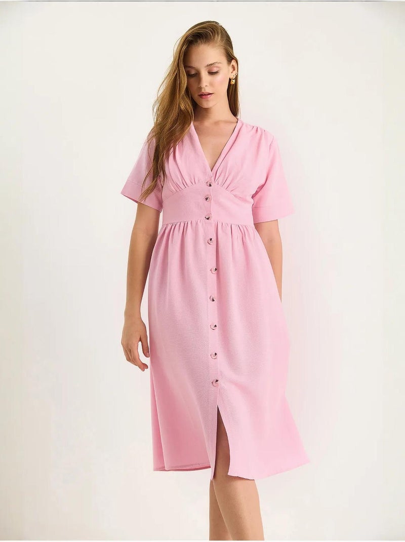 Robe chemise mi-longue boutonnée à col en v lucci Rose clair - Kiabi