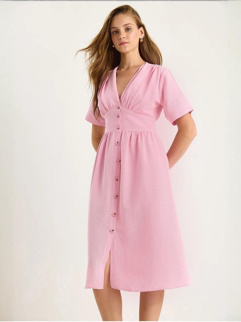 Robe chemise mi-longue boutonnée à col en v lucci Rose clair - Kiabi