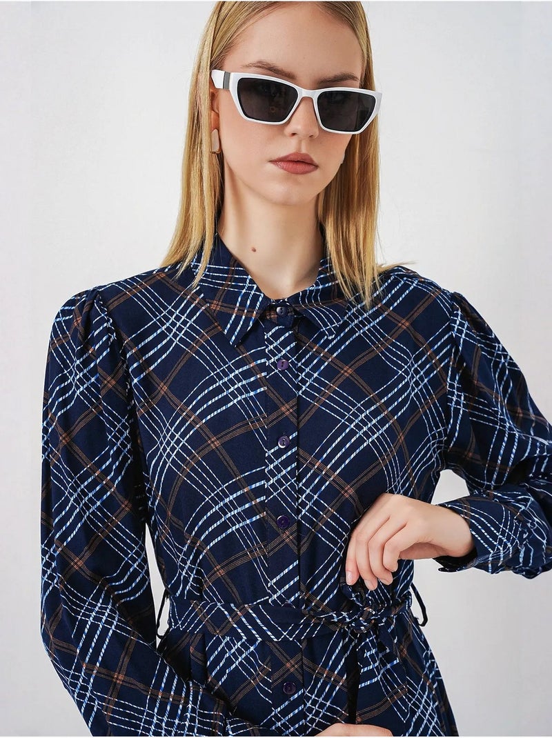 Robe chemise midi à carreaux avec fermeture boutonnée bdart Bleu marine - Kiabi