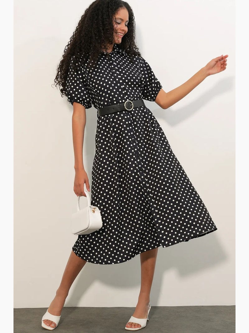 Robe chemise midi à pois avec ceinture bdart Noir - Kiabi