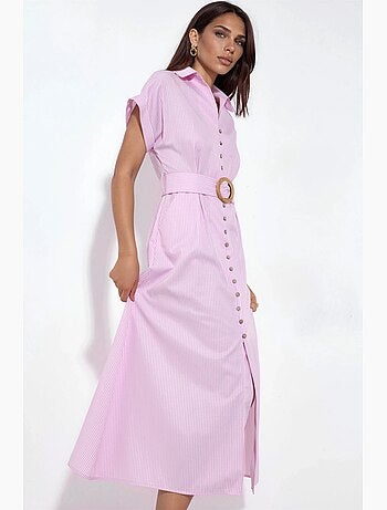 Robe chemise midi à rayures avec col en v et ceinture busem