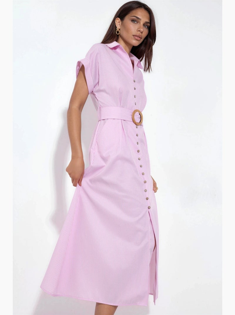 Robe chemise midi à rayures avec col en v et ceinture busem Rose pâle - Kiabi