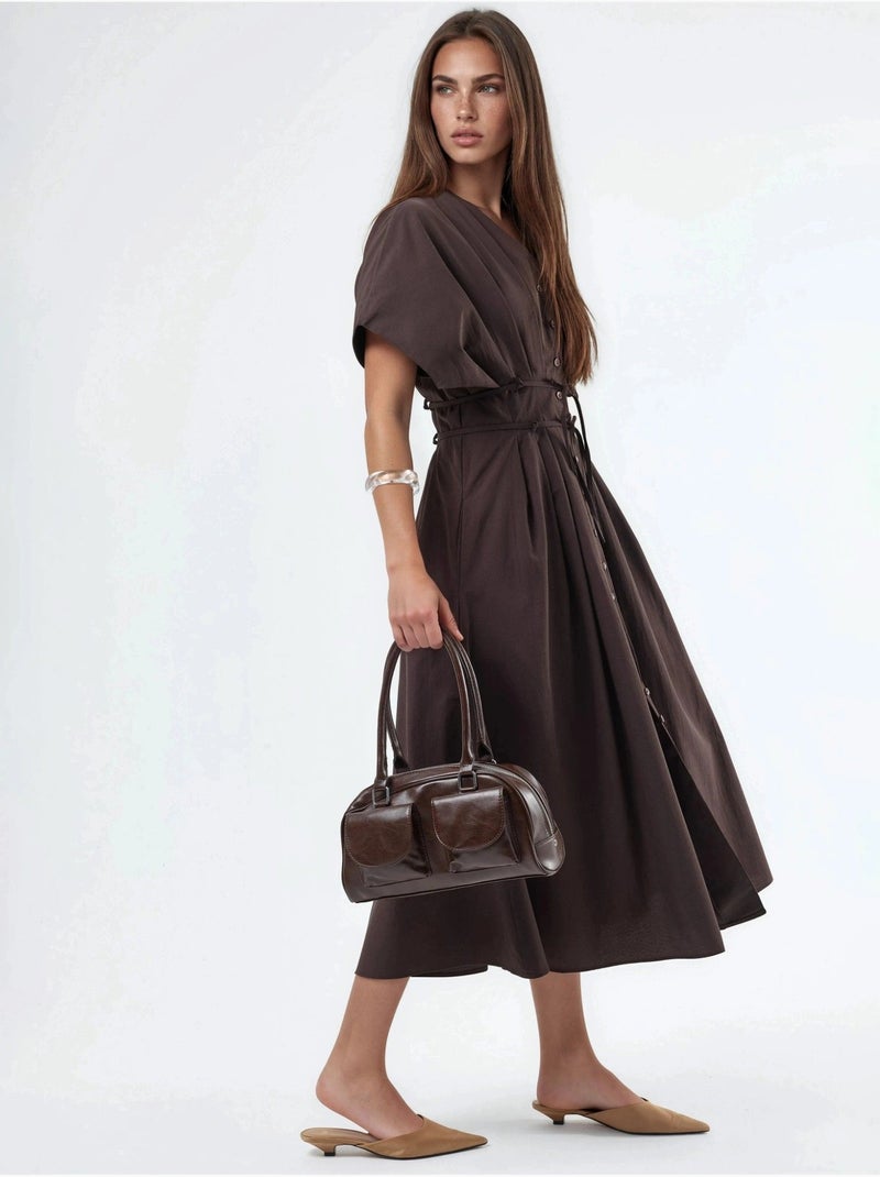 Robe chemise midi décontractée à col en v busem Marron foncé - Kiabi