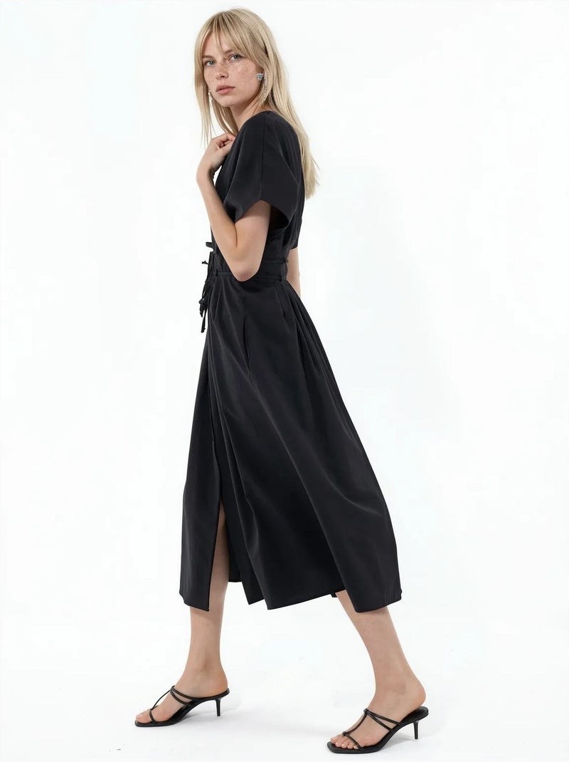 Robe chemise midi décontractée à col en v busem Noir - Kiabi
