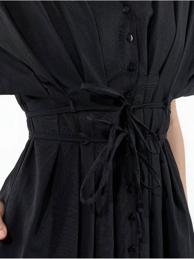 Robe chemise midi décontractée à col en v busem Noir - Kiabi