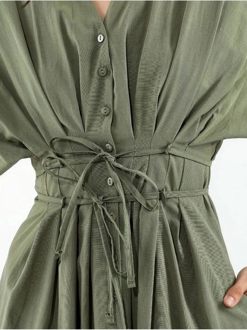 Robe chemise midi décontractée à col en v busem Vert kaki - Kiabi