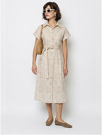 Robe-chemise midi en coton à motif géométrique, ceinturée lucci