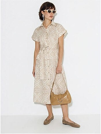 Robe-chemise midi en coton à motif géométrique, ceinturée lucci