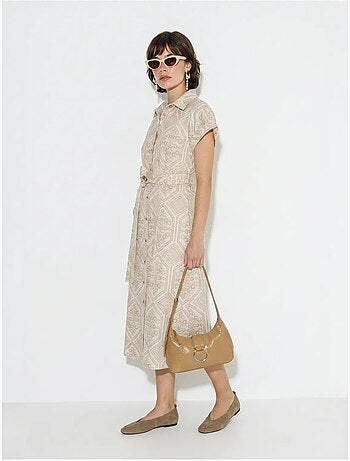 Robe-chemise midi en coton à motif géométrique, ceinturée lucci