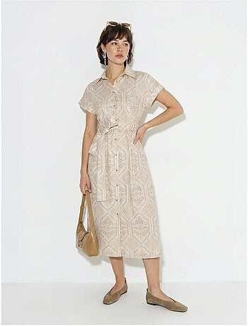 Robe-chemise midi en coton à motif géométrique, ceinturée lucci