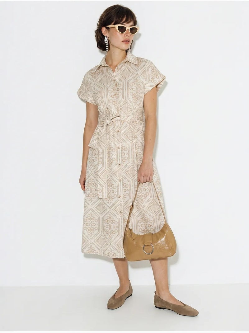 Robe-chemise midi en coton à motif géométrique, ceinturée lucci Beige argile - Kiabi