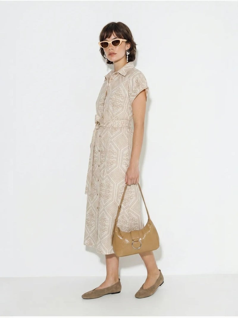 Robe-chemise midi en coton à motif géométrique, ceinturée lucci Beige argile - Kiabi