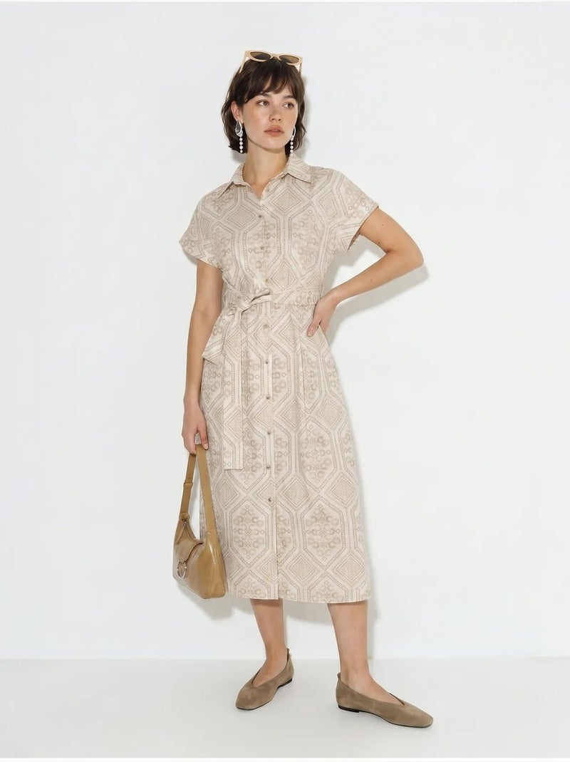 Robe-chemise midi en coton à motif géométrique, ceinturée lucci Beige argile - Kiabi