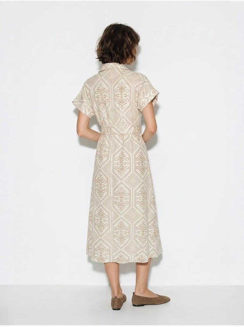 Robe-chemise midi en coton à motif géométrique, ceinturée lucci Beige argile - Kiabi