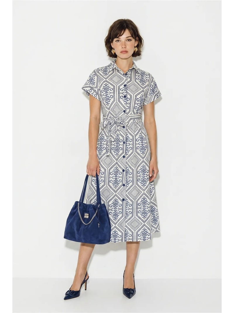 Robe-chemise midi en coton à motif géométrique, ceinturée lucci Multicolore - Kiabi