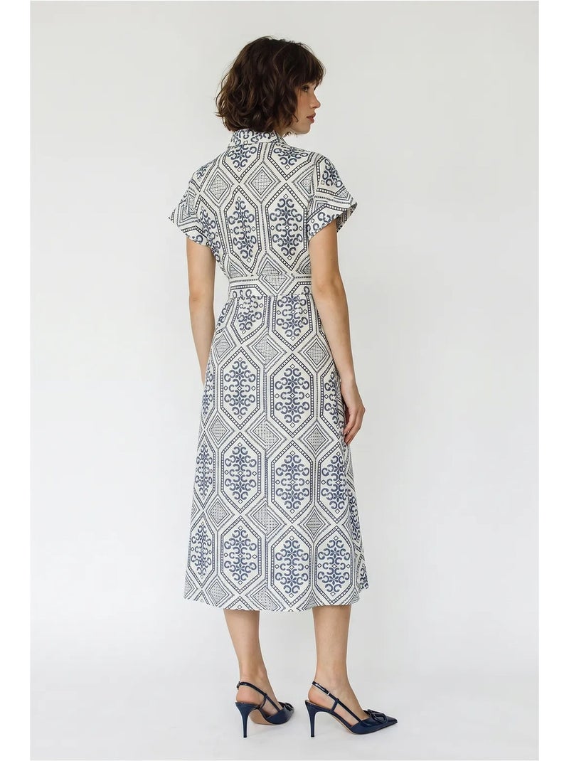 Robe-chemise midi en coton à motif géométrique, ceinturée lucci Multicolore - Kiabi