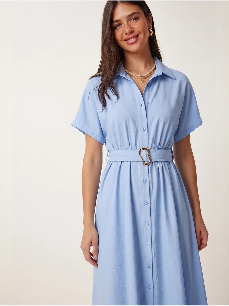Robe chemise midi en popeline ceinturée istanbul Bleu ciel - Kiabi