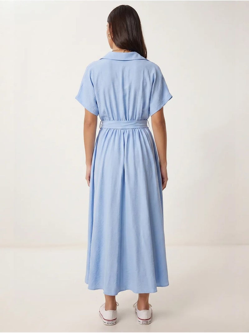 Robe chemise midi en popeline ceinturée istanbul Bleu ciel - Kiabi